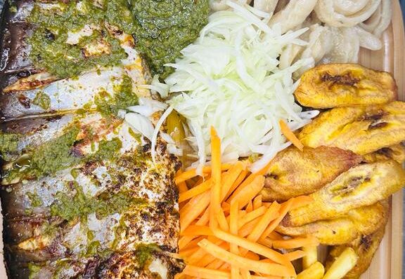 Green Spices Sauce and Roasted Fish